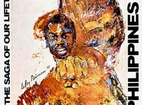 Poster for Muhammed Ali vs. Joe Frazier reading "Ali, Frazier: The Saga of Our Lifetime, Philippines 1975, "Thrilla in Manila" - Tues, Sept 30