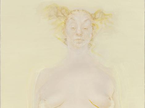Washed out yellow and pink portrait of ethereal looking woman