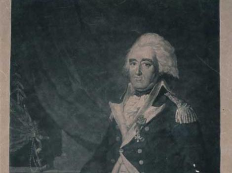 Portrait of Anthony Wayne in military uniform, with his hand on a piece of paper