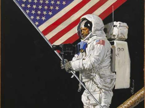 Painted portrait of Neil Armstrong carrying flag on the moon
