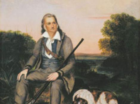 Painted portrait of John J. Audubon with rifle and dog