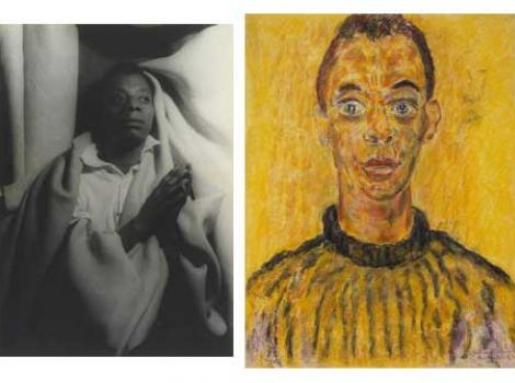 Two portraits side by side, left is black and white photo of James Baldwin under a blanket, right is painting of James Baldwin with yellow background