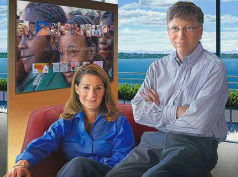Painted portrait of Bill and Melinda Gates in their home, lake in background