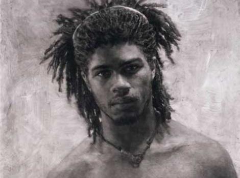Portrait drawing of shirtless African America man with dreadlocks
