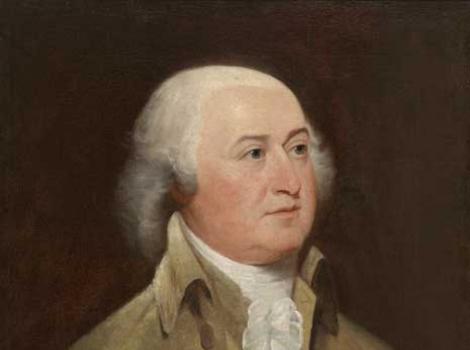 Painting of John Adams with a wig and light colored suit, from the chest up.