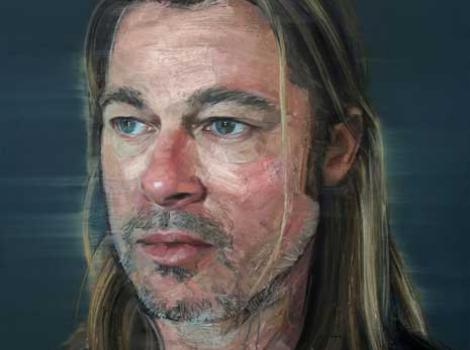Painted portrait of Brad Pitt with shoulder length hair