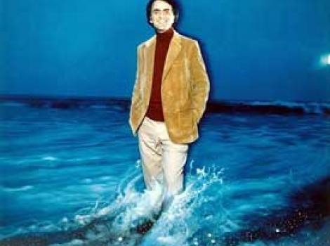 Photograph of Carl Sagan knee deep in water, with ocean waves in background
