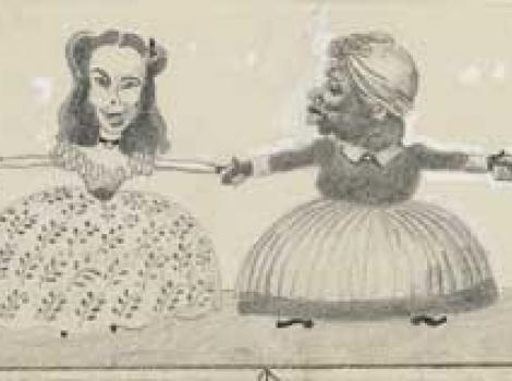 Pencil, caricature style, drawing of four people on stage: Robert Donat, Hattie McDaniel, and Thomas Mtchell