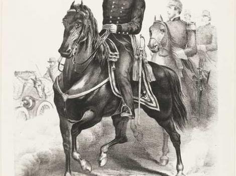 Lithograph of George Meade in military uniform on horseback, leading troops.