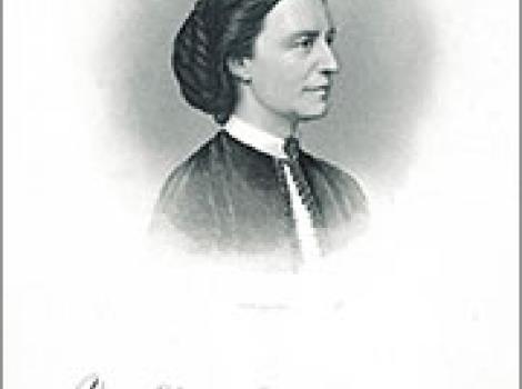 Black and white portrait of Clara Barton, side view of her face