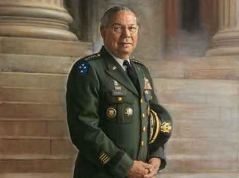 Full length, painted portrait of General Colin Powell, in uniform, with stately columns in background