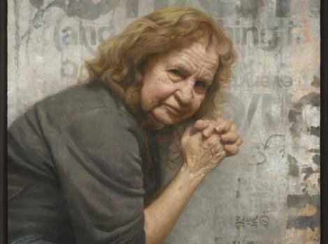 Oil painting of a woman seated before a gray textured background, viewed from her right, her gaze turned to the viewer.