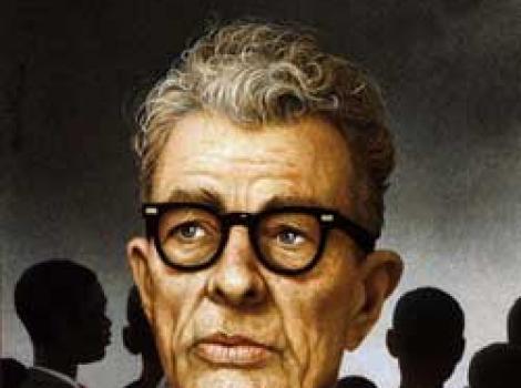 Painted portrait of Everett Dirksen, black horned-rimmed glasses, looking into distance