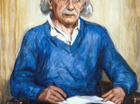 Painted portrait of Einstein, seated, in blue sweater