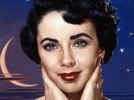 Painted ortrait of Elizabeth Taylor, blue/purple background with stars and moon