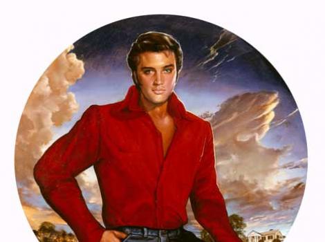 Painted portrait of Elvis Presley, in red shirt and jeans