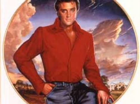 Painted portrait of Elvis Presley in red shirt with clouds behind him, in circular matter