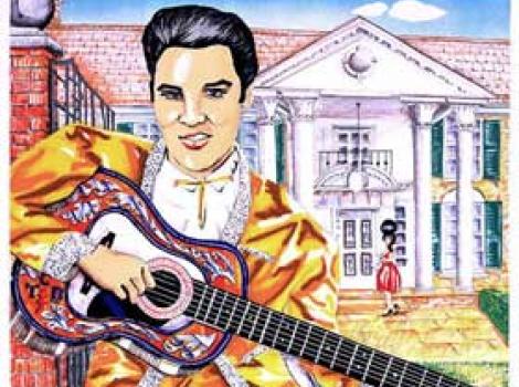 Lithograph portrait of Elvis standing outside Graceland with guitar, wearing orange suit.
