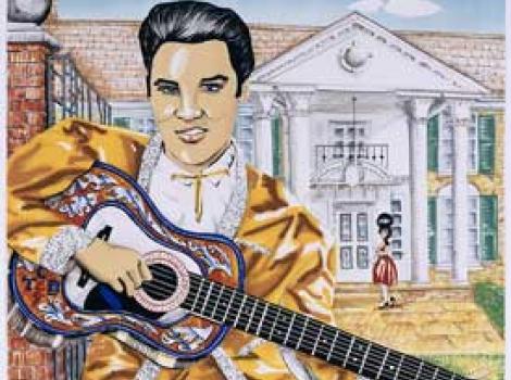 Portrait of Elvis dancing and playing guitar outside Graceland