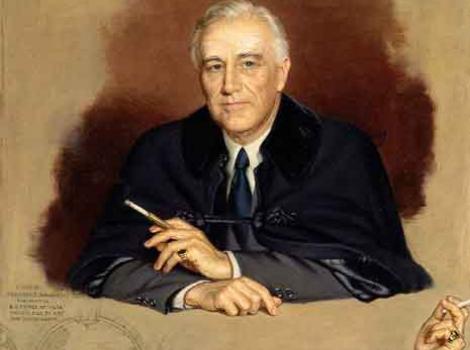 Painted portrait of Franklin Delano Roosevelt with many close-ups of his hands below him