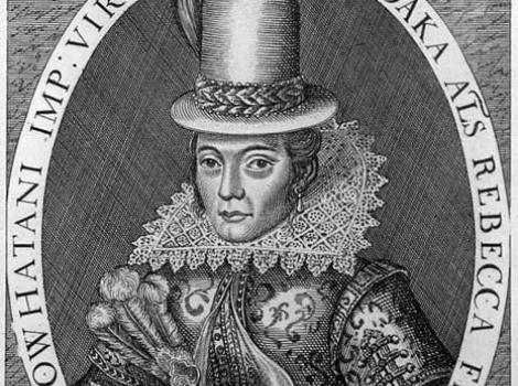 Black and white engraved print of Pocahontas in British clothing, her image framed in an oval window with supporting text.