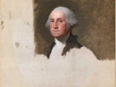 Painted portrait of George Washington, incomplete with areas of empty canvas except for face