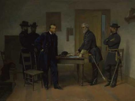 Painting of Robert E. Lee and Ulysses S. Grant standing at a table with documents, accompanied by three soldiers.