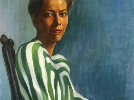 Painted portrait of Anna Arnold Hedgeman in green and white striped dress