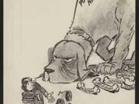 Political cartoon of bloodhound chasing Nixon while he drops tapes