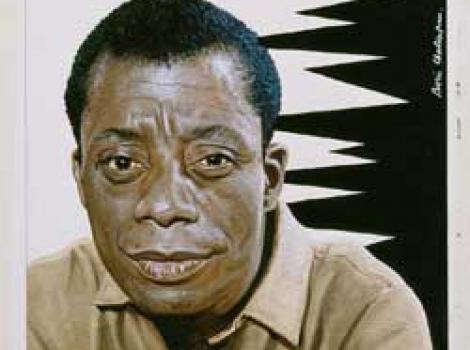 Photorealistic watercolor portrait of James Baldwin