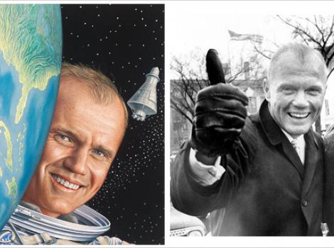 On left: painted portrait of John Glenn, on right: black and white photo of John Glenn'