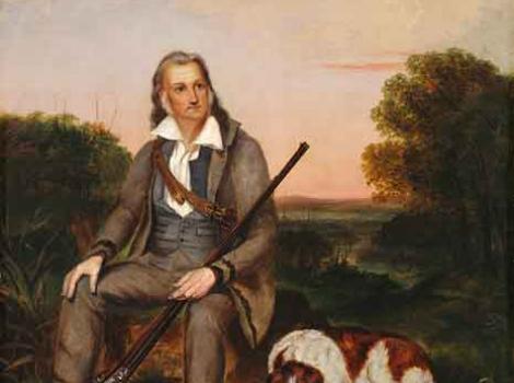 Painted portrait of John James Audubon, carrying rifle and with a dog