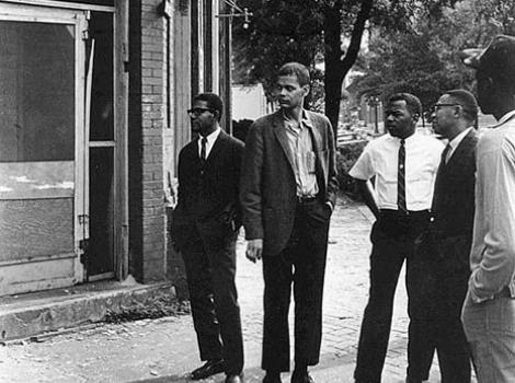 John Lewis and Julian Bond, with other African American activists, outside restuarant