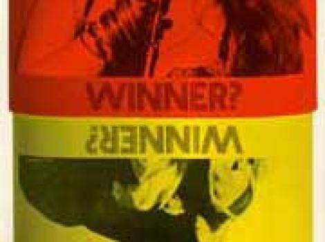 Pill-shaped postet of Janis Joplin and Jimi Hendrix, with text saying "Winner?"
