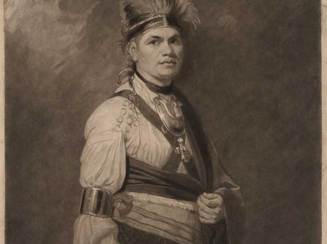 Black and white illustration of American Indian man wearing a fanciful style of dress that is neither Anglo-American nor American Indian, but rather a hodgepodge reflecting intercultural exchange