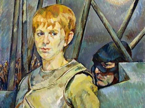 Painted portrait of Julie Harris, in armor, in character