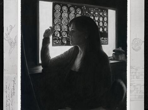 Charcoal self-portrait of Leslie Adams seated  in front of various transparent scans of the human brain.