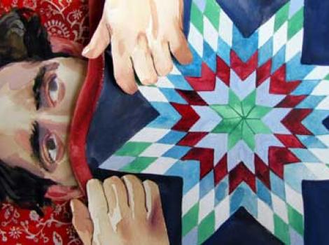 Painting or collage of man peeping his head from underneath covers