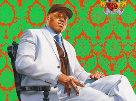 Painted portrait of LL Cool J, sitting in chair in regal pose