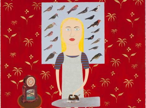 A blond woman ironing, artwork made with acrylic gouache, collage and pencil on paper