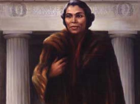 Painted portrait of Marian Anderson, in front of LIncoln Memorieal, wearing fur coat and holding a whit glove in her hand