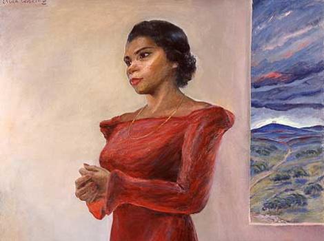 Painted portrait of Marian Anderson, in red dress