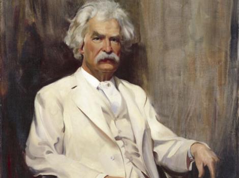 Painted portrait of Mark Twain in white suite and tie, sitting on chair