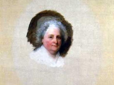 Painted portrait of Martha Washington, incomplete, just her face, the rest is blank canvas