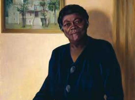 Painted portrait of Mary Mcleod Bethune with globe