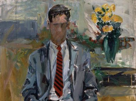 Portrait of Fairfield Porter sitting in a chair in front of a flower pot, with his hands at his lap, wearing a gray suit.