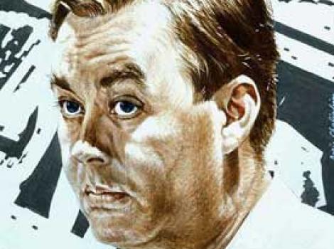 Tempura portrait painting of Daniel Patrick Moynihan on green abstracted background