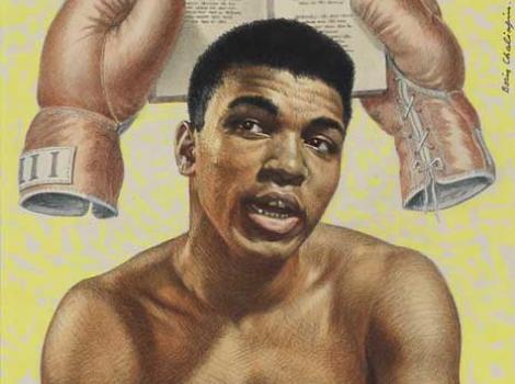 Painted portrait of Muhammad Ali, above his head are boxing gloves holding an open book