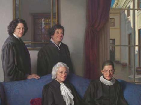 Oil painting of four female US Supreme Court justices, two seated and two standing, in an sitting room with a window, a large mirror, and a blue couch,