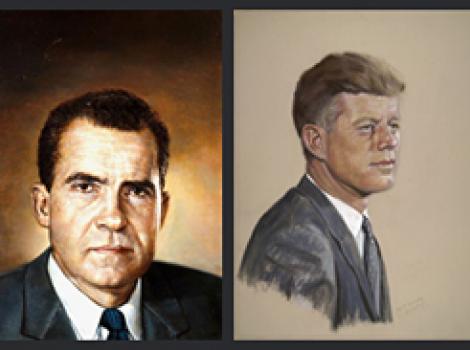 Two portraits: painted portrait of Nixon and painted portrait of John F. Kennedy